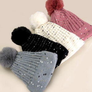 SEQUIN FAUX FUR POM POM BEANIE HAT